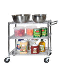 Heavy Duty Metal Rolling Utility Cart With 3 Adjustable Steel Shelves And Handy Handle Bar, NSF Commercial Grade, 500 Lb Capacity, Perfect For Restaurant, Garage, Warehouse, Kitchen, Or Office, 36 Inch Wide, with bowls and pantry items