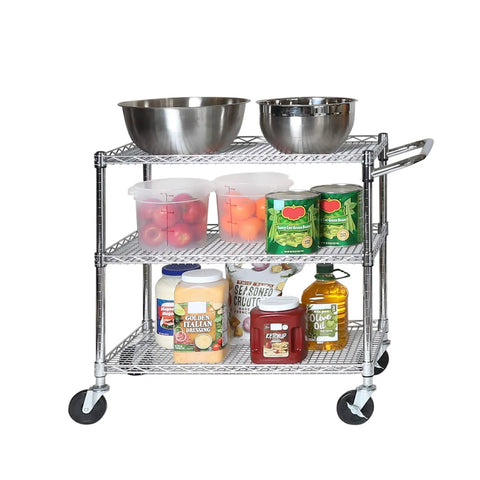 Heavy Duty Metal Rolling Utility Cart With 3 Adjustable Steel Shelves And Handy Handle Bar, NSF Commercial Grade, 500 Lb Capacity, Perfect For Restaurant, Garage, Warehouse, Kitchen, Or Office, 36 Inch Wide, with bowls and pantry items