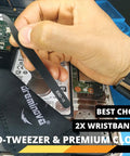 Person using ESD Anti Static Wrist Strap Band Long Earthing Wristband during PC repair with tweezer and protective cloth