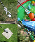 All Stainless Steel Grabber Reacher Pickup Tool Heavy Duty Trash Picker For Indoor Outdoor Use No Wire Patented Technology Delivers Extra Power And Strong Grip For Logs BBQ Pits Fireplace in use outdoors, picking up various objects including a ball, a bottle, a tile, and debris.