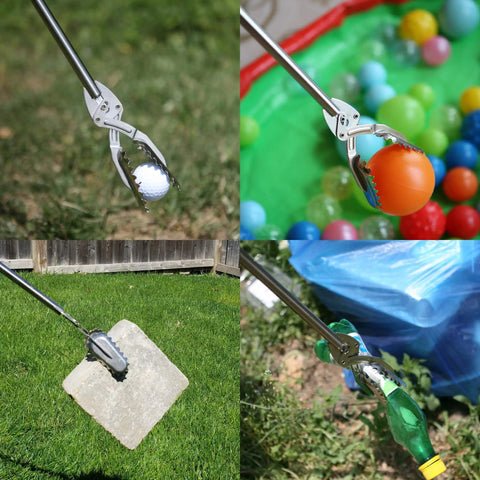 All Stainless Steel Grabber Reacher Pickup Tool Heavy Duty Trash Picker For Indoor Outdoor Use No Wire Patented Technology Delivers Extra Power And Strong Grip For Logs BBQ Pits Fireplace in use outdoors, picking up various objects including a ball, a bottle, a tile, and debris.