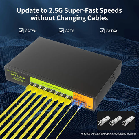 2.5G PoE Plus 10 Port Unmanaged Switch With 8 2.5G Base T PoE Ports And 2 10G SFP Uplinks 120W Power Built In Beefy Metal Build Perfect For NAS PC And APs shown with cables