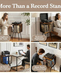 Rustic Record Player Stand Holding 100 Vinyl Records, Industrial Turntable Console With Deep Storage Shelving in versatile settings.