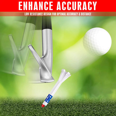 Five Prong Plastic Golf Tees Set With Star And Stripe Marking System 120 Pack Including 100 Tees At Three And A Quarter Inches And 20 Tees At One And A Half Inches Reduces Friction For Consistent Height And Distance with swing and golf ball.