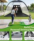 Person practicing golf with Massive 10x7ft Golf Practice Net With 5 Real Balls, Tri Turf Mat, And Portable Storage Bag outdoors.
