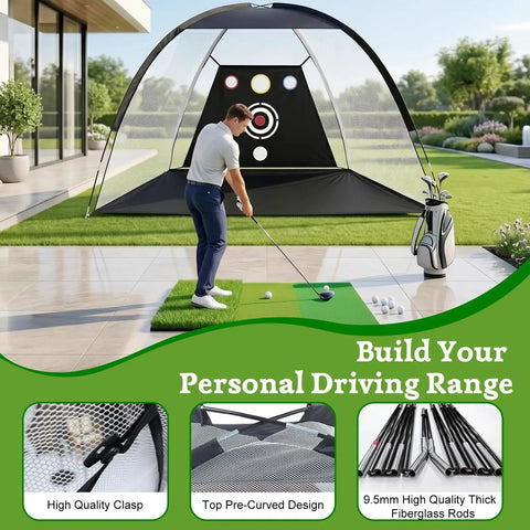 Person practicing golf with Massive 10x7ft Golf Practice Net With 5 Real Balls, Tri Turf Mat, And Portable Storage Bag outdoors.