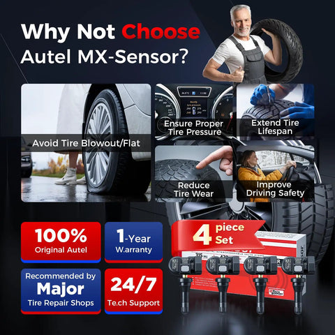 Set Of 4 MaxiTPMS Tire Pressure Sensors With 315MHz And 433MHz Snap In 1MX Rubber Stem, promotional display and benefits