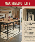 Badass 70 Inch Adjustable Workbench Featuring Rock Solid 2500 Pound Steel Frame And Built In Rolling Cabinet Storage For Serious Daily Garage Hustle Upgrades showing five hooks for tool organization.