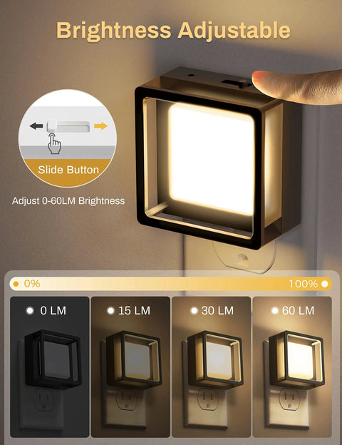 Two Pack LED Night Lights That Plug Into Wall With Dusk To Dawn Sensor, showing adjustable dimmable brightness feature.