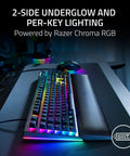 Top Tier Mechanical Gaming Keyboard With Kickass Clicky Green Switches And Lightning Fast Actuation Paired With Sleek Per Key RGB Underglow Lighting on desk.