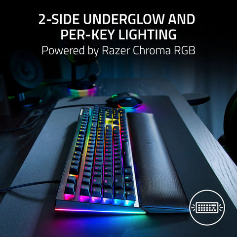 Top Tier Mechanical Gaming Keyboard With Kickass Clicky Green Switches And Lightning Fast Actuation Paired With Sleek Per Key RGB Underglow Lighting on desk.