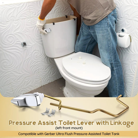 Left Hand Pressure Assist Toilet Lever With Linkage For Gerber Ultra Flush Tanks 99-571-KT Compatible Durable Brass Construction One Pack Replacement Handle For Smooth Flush And Long Lasting Performance, left front mount