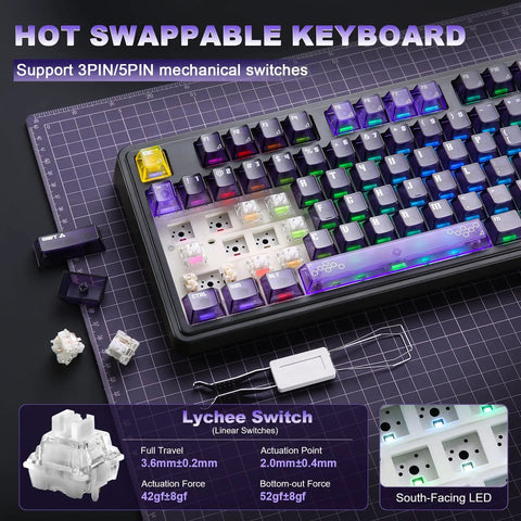 Locked In Wireless Gaming Keyboard With Smart Tft Display And Rotating Volume Knobs Precise Fingertip Tweaks For Epic Desktop Setup And Late Night Grinding Purple Lychee Mechanical Switches with hot swappable keys.