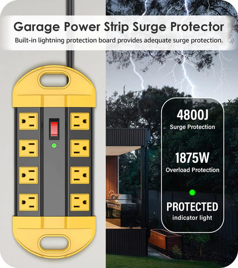 Beefy Heavy Duty Metal Power Strip Surge Protector With 8 Outlets, 15 Amp, Aluminum Housing, Yellow, 6 Ft Extension Cord