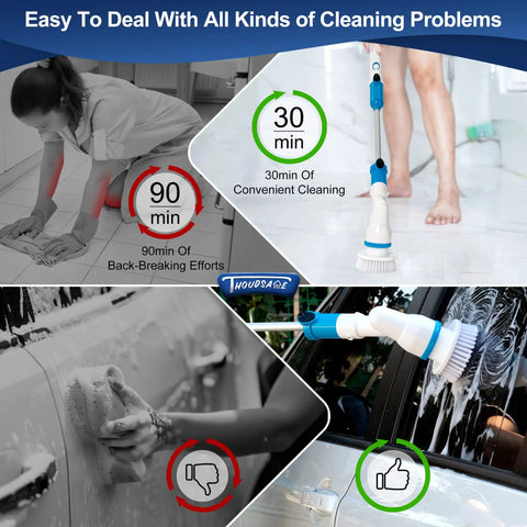 Cordless Electric Spin Scrubber With 3 Interchangeable Heads for Tub Tile Shower Cleaning shown in use on floors and cars.