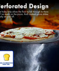 Perforated 12 Inch Metal Pizza Peel With Long Handle Non Stick Aluminum Paddle For Outdoor Ovens Restaurant Grade Pizza Shovel For Crispy Crusts And Easy Sliding In And Out with pizza on paddle.