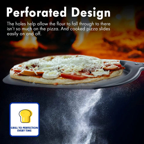 Perforated 12 Inch Metal Pizza Peel With Long Handle Non Stick Aluminum Paddle For Outdoor Ovens Restaurant Grade Pizza Shovel For Crispy Crusts And Easy Sliding In And Out with pizza on paddle.