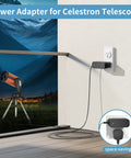 12V Charger For NexStar SE And SLT Telescopes Power Cord Adapter connected to wall socket, telescope in background