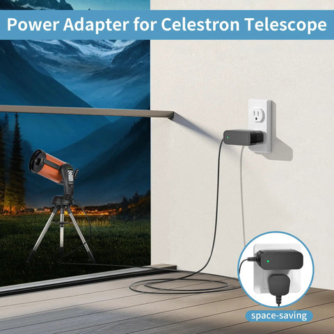 12V Charger For NexStar SE And SLT Telescopes Power Cord Adapter connected to wall socket, telescope in background