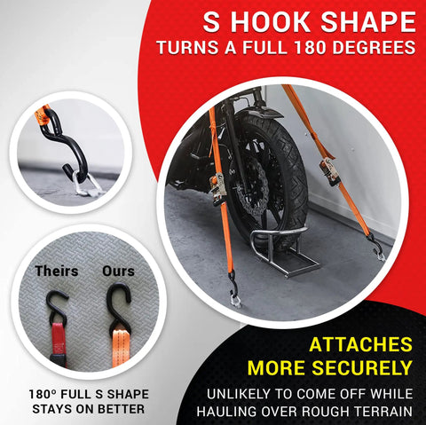 Beefy Heavy Duty Ratchet Straps 4 Pack with S Hook shape securing a motorcycle with wide padded grips and duffle bag included