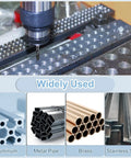 Drill tapping metal plate, showcasing versatility with aluminum, metal pipe, brass, and stainless steel usage icons.