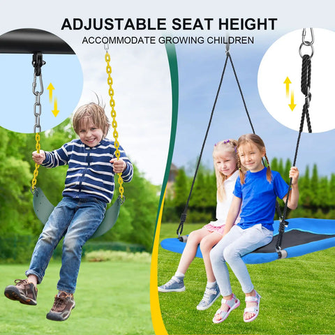 Heavy Duty Swing Set With 600Lb Capacity For Backyard Fun, A Frame Metal Swing Set With 1 Platform Swing And 2 Belt Swings, Weather Resistant Build And Includes Anchor Stakes For Steady Outdoor Play, showing adjustable seat height for children on swings in garden.