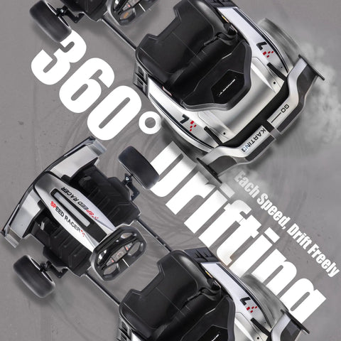 Two 24V Electric Drift Go Karts With Dual 800W Motors in drift action, showcasing 360° spinning capabilities on pavement.
