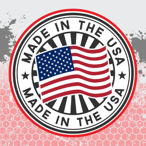 Circular badge with 'Made in the USA' and American flag design on pink hexagonal and splatter background.