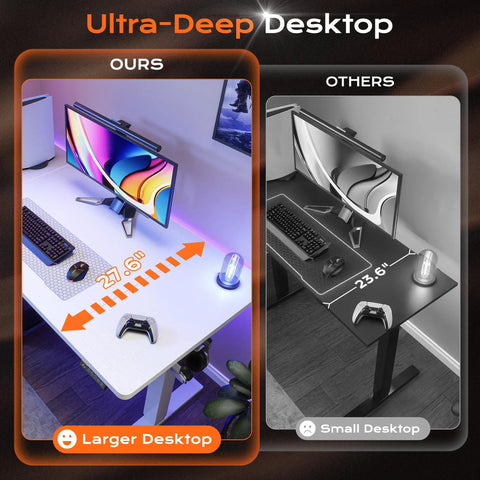 Massive 55 Inch Electric Standing Desk White comparison large 27.6 inch deep desktop vs smaller 23.6 inch desktop for gaming.