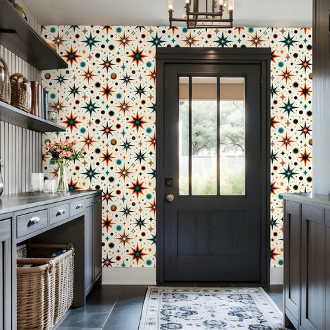 Retro Starburst Peel And Stick Wallpaper Roll With Heavy Duty Self Adhesive Backing For Instant Accent Wall Makeovers That Hit Different With Bold Geometric Patterns And Offer Zero Fuss Transformation Across Any Room displayed in an entryway.