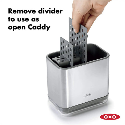 Real Handy Stainless Steel Sink Caddy with removable ventilated divider and drip tray in use