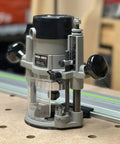 Hook Up Your Trim Router To Track Saw With Ace Guide Rail Adapter For Porter Cable 690 Series on a workbench for precision cuts.