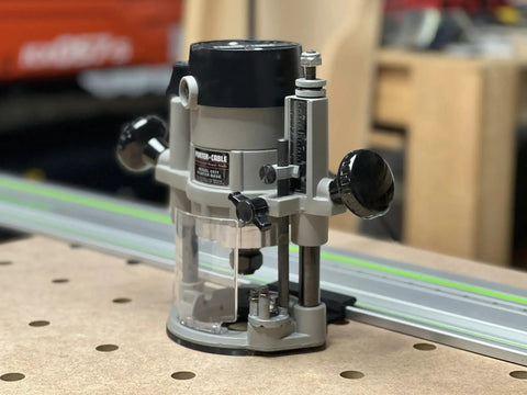Hook Up Your Trim Router To Track Saw With Ace Guide Rail Adapter For Porter Cable 690 Series on a workbench for precision cuts.