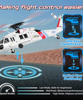 WLtoys K270 Brushless RC Helicopter With Optical Flow Positioning flying on road with control feature icons, Black Hawk style