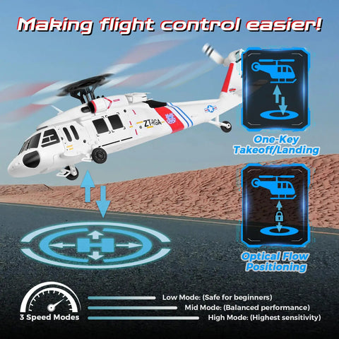 WLtoys K270 Brushless RC Helicopter With Optical Flow Positioning flying on road with control feature icons, Black Hawk style