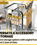 Heavy Duty 3 Tier Garden Tool Organizer With Large Wheels Yard Tower Rack showing hooks and slots for tool storage