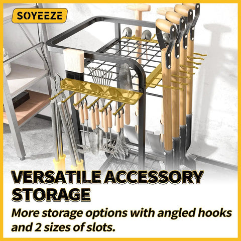 Heavy Duty 3 Tier Garden Tool Organizer With Large Wheels Yard Tower Rack showing hooks and slots for tool storage