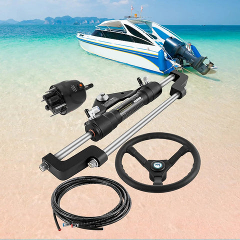 Beefy Hydraulic Outboard Steering Kit With 13.5 Inch Aluminum Wheel And 18 Foot Nylon Hose And 300HP Helm Pump For Center Console Boats