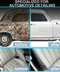 Heavy-Duty Professional Portable Steam Cleaner With 30 Second Quick Heat Up For Auto Detailing And Deep Cleaning No Chemicals Needed shows before and after cleaning of a car's exterior and interior.