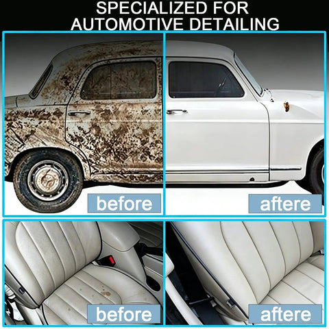 Heavy-Duty Professional Portable Steam Cleaner With 30 Second Quick Heat Up For Auto Detailing And Deep Cleaning No Chemicals Needed shows before and after cleaning of a car's exterior and interior.