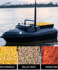 Carp Fishing RC Bait Boat with 2Kg Load, carrying corn bait, for precise drops, calm lake setting; corn, pellet, mixed baits shown.