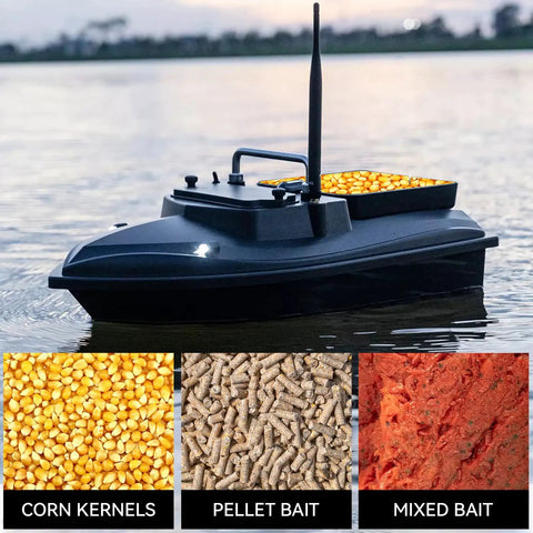 Carp Fishing RC Bait Boat with 2Kg Load, carrying corn bait, for precise drops, calm lake setting; corn, pellet, mixed baits shown.