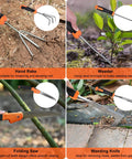 Collage of tools from 10 Piece Stainless Steel Garden Tools Set For Planting And Pruning, Heavy Duty Kit With Ergonomic Non Slip Handles