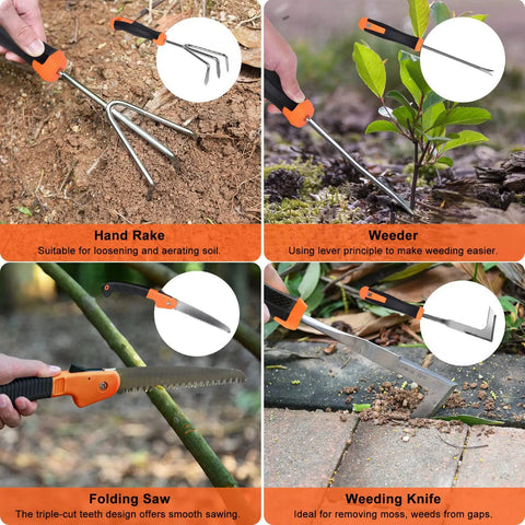 Collage of tools from 10 Piece Stainless Steel Garden Tools Set For Planting And Pruning, Heavy Duty Kit With Ergonomic Non Slip Handles
