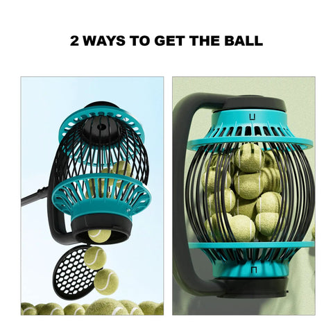 No Bending Tennis Ball Picker Roller With Telescopic Handle Quick Rolling Ball Collector shown collecting tennis balls