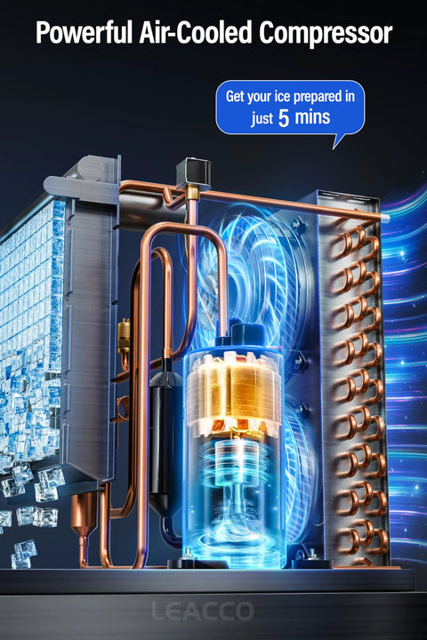 Beast Of An Industrial Ice Maker 680Lbs Per Day With 560Lbs Stainless Steel Storage Bin, Air Cooled Modular Ice Cube Machine, 1200W, Self-Cleaning Mode, Built For Bars, Restaurants And Big Events showing air-cooled compressor