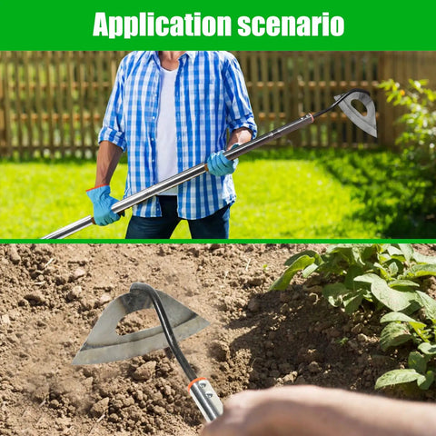 Person using All Steel Hardened Hollow Garden Hoe Set For Weeding, Loosening Soil, And Planting Vegetables, Built Tough 2 Pack