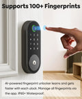 Fingerprint Smart Deadbolt with Keypad and App Control for Keyless Entry Security Lock for Home Apartment Rental Featuring Auto Lock plus One Touch Unlock Works with Alexa and Google Home No Sweat DIY Install in Minutes on a door with a finger scanning.