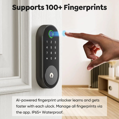 Fingerprint Smart Deadbolt with Keypad and App Control for Keyless Entry Security Lock for Home Apartment Rental Featuring Auto Lock plus One Touch Unlock Works with Alexa and Google Home No Sweat DIY Install in Minutes on a door with a finger scanning.
