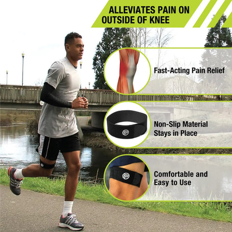 Man running with IT Band Compression Wrap for Knee Support and Recovery, Adjustable Neoprene Knee Brace for Iliotibial Band Syndrome
